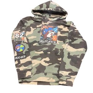 Buc-ee's Pullover Hoodie Kids XS Green Camouflage Logo Graphic Print Long Sleeve